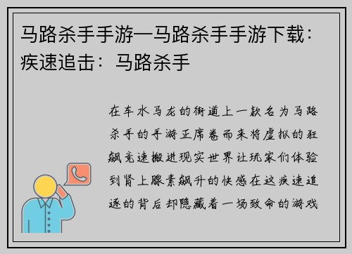 马路杀手手游—马路杀手手游下载：疾速追击：马路杀手